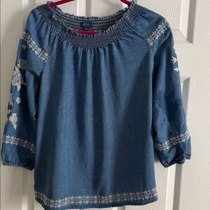 J.Jill Denim Blue Peasant Blouse with Floral Embroidery - size Small